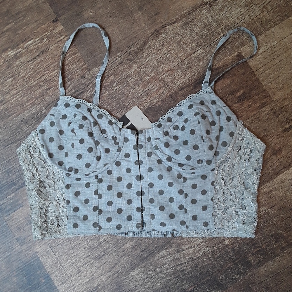 Lush women crop top lace  polka dots stripes smocked festive women size L New